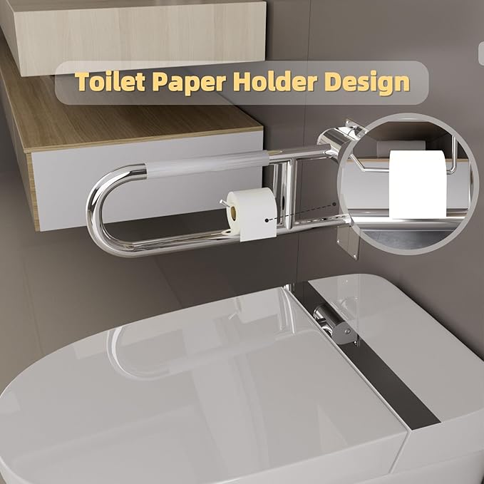 23 Inch Toilet Grab Bar, Flip Up Grab Bar with Paper Holder, Anti-Slip Safety Bars for Toilet, Stainless Steel Knurled Toilet Handles for Seniors Disabled Elderly Pregnant, Polished Chrome