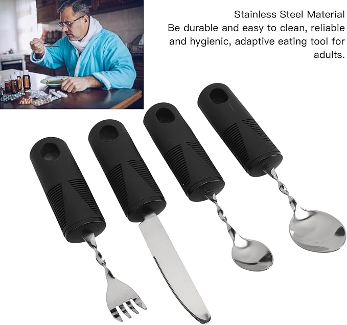 4PCS Adaptive Utensils for Hand Tremors, Weighted Silverware with Easy Grip Handles Arthritis Eating Utensils for Seniors Parkinson's Cutlery Set Stainless Steel Adaptive Utensils