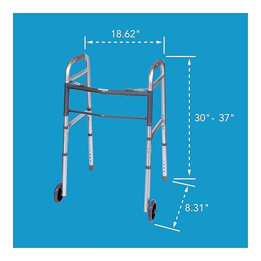 Carex Folding Walker with Wheels for Seniors, Portable Medical Walker with Adjustable Height, 30-37 Inches, Mobility Aid for Adults, Elderly, and Handicapped, Foldable, Aluminum Frame, Lightweight