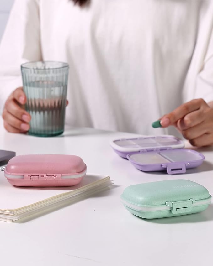 MEACOLIA 3 Pack 8 Compartments Travel Pill Organizer, Daily Pill Case Small Pill Box for Pocket Purse, Portable Pill Container Medicine Vitamin Organizer (Purple, Green, Pink)