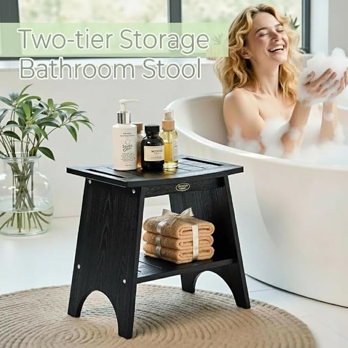HDPS Shower Benches for Inside Shower, 17" Height Waterproof Bath Stool with 2-Tier Storage Shelf, Heavy Duty Spa Seat for Shaving Legs, Seniors & Adults, Wood-Like Texture, Black