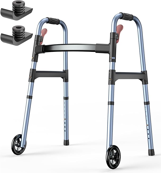 HOMLAND Walkers for Seniors, One-Hand Folding, 8 Height Adjustments, Walkers with Wheels, 2 Skis and 5" Wheels, Lightweight Walker for Seniors, Standard Walkers for Seniors, Aluminum Frame, Blue