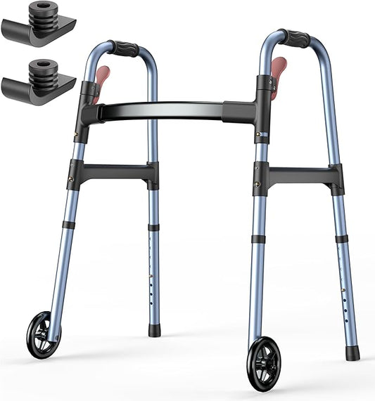 HOMLAND Walkers for Seniors, One-Hand Folding, 8 Height Adjustments, Walkers with Wheels, 2 Skis and 5" Wheels, Lightweight Walker for Seniors, Standard Walkers for Seniors, Aluminum Frame, Blue