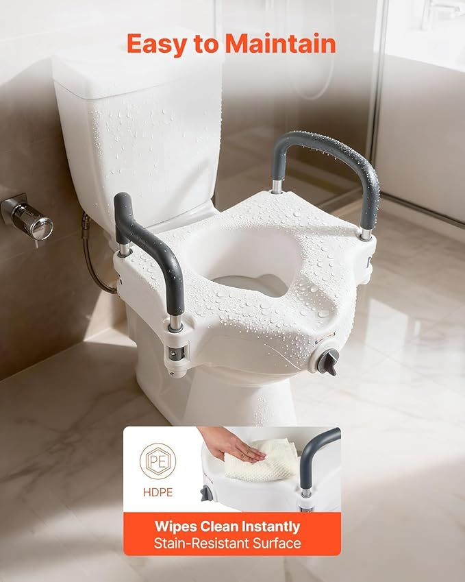 VEVOR Raised Toilet Seat with Arms, 300 lbs Load Capacity, 5-Inch Lift Height, Widened Commode Elevated Toilet Seat Riser with Padded Handles for Seniors, Elderly, Handicap, Disabled, and Adults Use