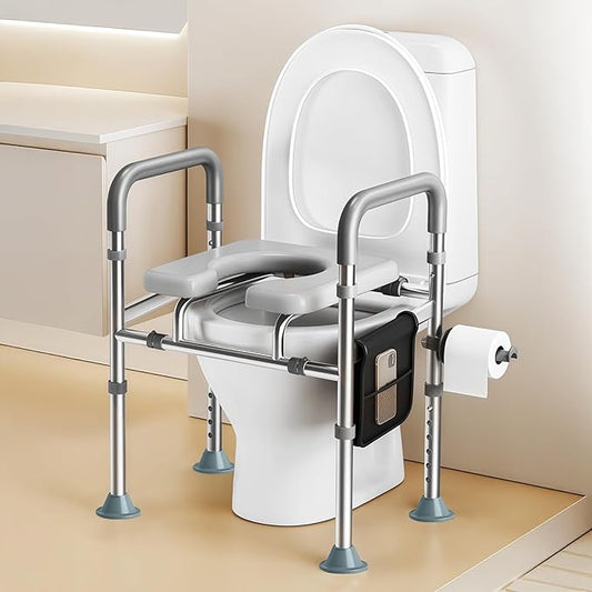 Raised Toilet Seat with Bedside Commode Function - 400LB Capacity, Adjustable Height & Width, Padded Armrests & Paper Holder, Silver | Stand Alone Commode Chair for Seniors & Disabled Adults