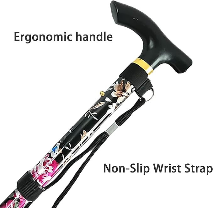 Folding Cane, 5-Level Adjustable Height Lightweight Portable Foldable Walking Canes with Wrist Strap and T Handle for Men Women Seniors