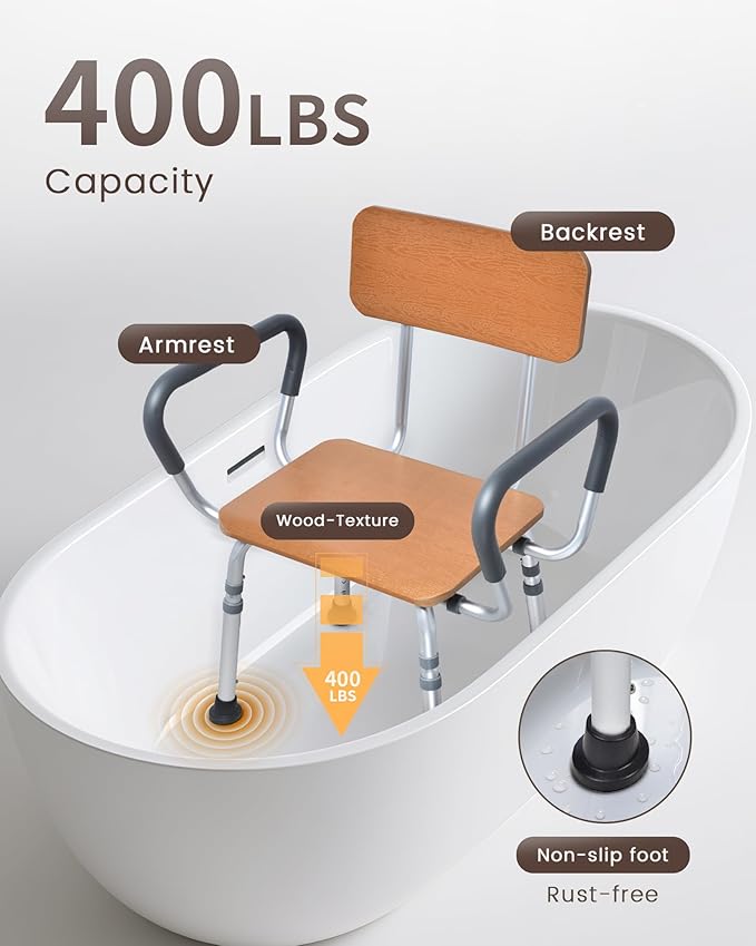 Sangohe Shower Chair for Inside Shower with Arms and Back, Height Adjustable Shower Chair for Elderly and Disabled, Wood Seat Board and Back, 400 lbs Heavy Duty Shower Seat for Seniors, 796A