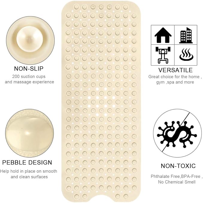 YINENN Bath and Shower Safety Mats 40x16 inch, Non Slip with Suction Cups for Bathroom Stall and Tub Floor, Extra Large and Machine Washable, Drain Holes Keep Bathtub Clean, Beige
