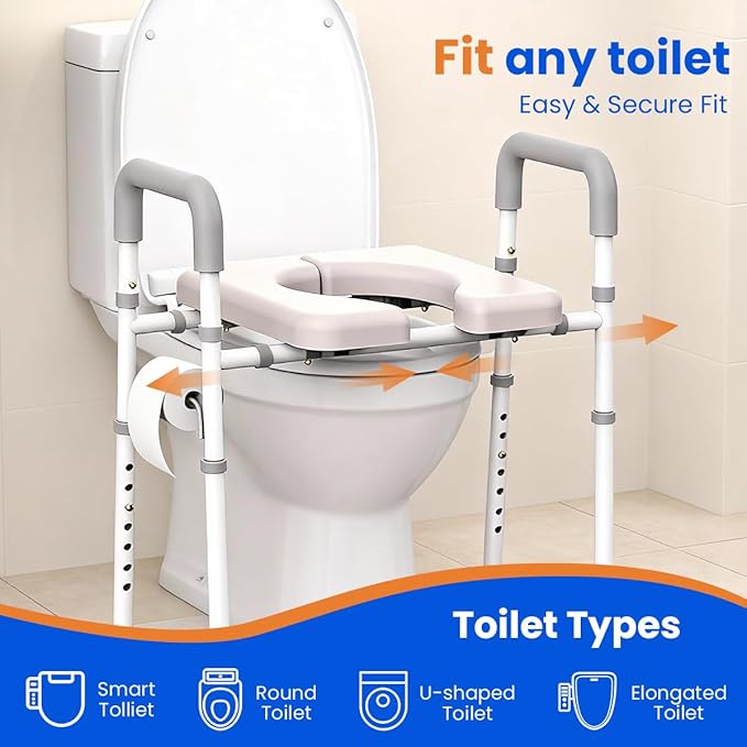 Raised Toilet Seat with Handles - Width & Height Adjustable Toilet Seat Risers for Seniors, Heavy Duty Handicap Toilet Riser, Fit Any Toilet, Up to 400lbs