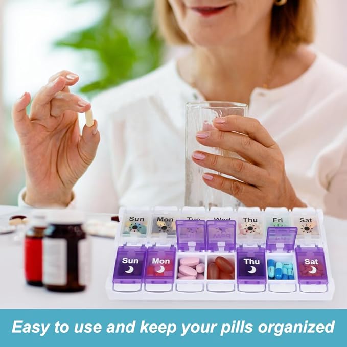 Shintop Am Pm Pill Organizer 7 Day, Push Button Weekly Pill Box 2 Times Removable Lid Medication Case Easy Fill Day Night Vitamin Container for Fish Oil Supplements (Purple & White)
