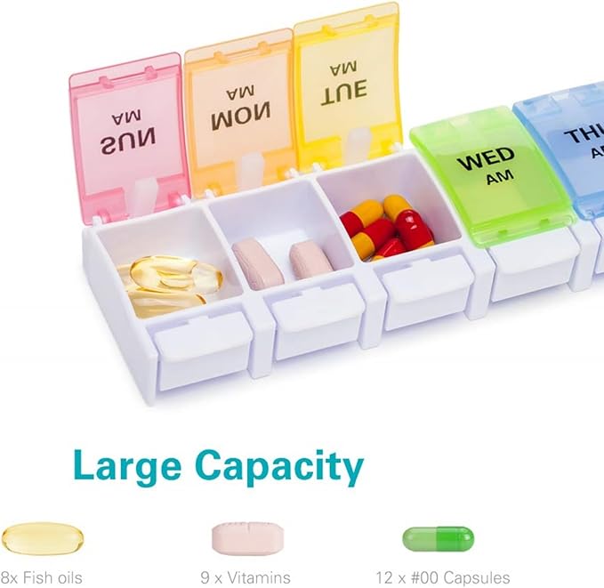 Sukuos AM PM Weekly Pill Organizer 2 Times A Day 2pcs, 7 Day Pill Box with Easy Push Button, BPA Free Medicine Case Vitamin Holder for Fish Oil/Supplements (Rainbow)