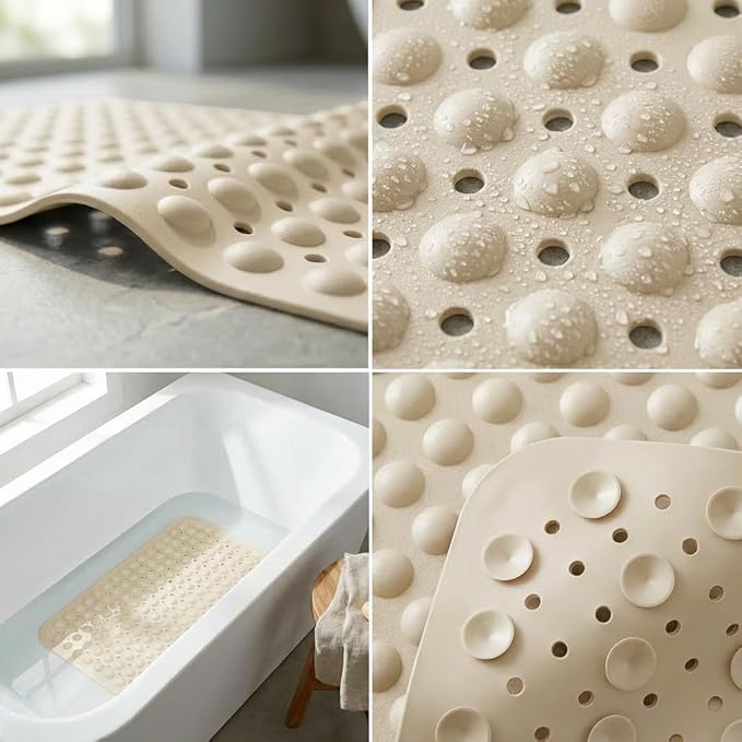 Minimalist TPE Bathtub Mat Non Slip for Tub & Shower, Bath Mat with Strong Suction Cups, Soft Comfortable Shower Mat, Quick Drain Holes, Machine Washable, Beige Mats, 27.5’’ x 16’’