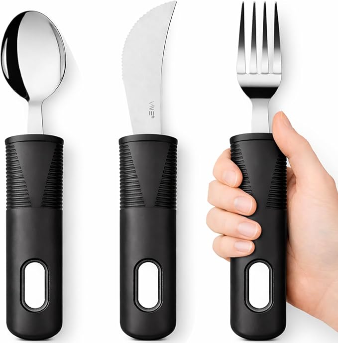 Vive Adaptive Utensil Set - Arthritis Aid Silverware for Parkinsons, Hand Tremors - Easy Grip for Shaking and Trembling Hands - Heavy Stainless Steel Spoon (Regular)