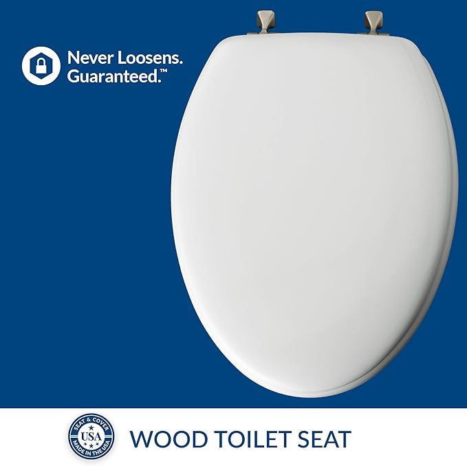 MAYFAIR 1844BNA 000 Toilet Seat with Brushed Nickel Hinges will Never Come Loose, ELONGATE, White - Brushed Nickel