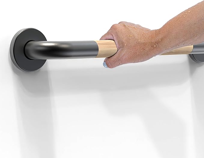 Safety Grab Bar for Bathroom & Toilet, Natural Bamboo Handle, ADA Compliant Balance Assist Handrail for Handicap and Seniors, 18in Matte Black