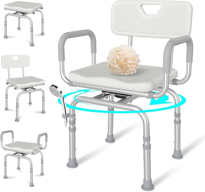 360 Swivel Shower Chair with Back and Arms, 400lbs Heavy Duty Adjustable Bath Chair for Elderly Disabled Bariatric Pregnant, Handicap Shower Seat for Inside Tub