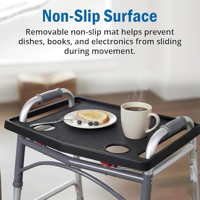 Support Plus Walker Tray Table - Mobility Table for Walker with Non-Slip Mat, Accessories, and Cup Holder (21"x16") - Gray
