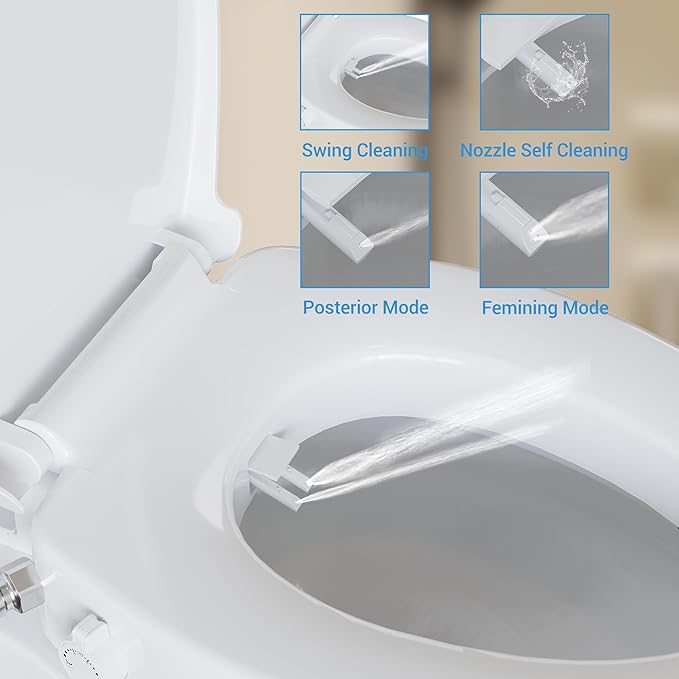 Bidet Toilet Seat Non Electric, Elongated Raised Toilet Bidet Seat with Dual Nozzles, Self Cleaning, Soft Close Lid, Rear and Feminine Washing for Seniors Adults