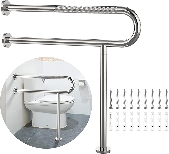 Toilet Support Rail 31.3X 31.5 Inch, Munzong Anti-Slip Chrome Handicap Grab Bar for Bathroom, Stainless Steel Knurled Safety handrails with Leg for Elderly Disabled Pregnant-1.25’Tube
