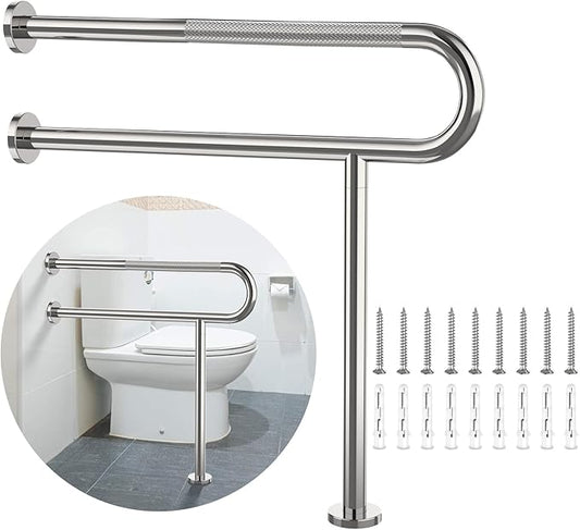 Toilet Support Rail 31.3X 31.5 Inch, Munzong Anti-Slip Chrome Handicap Grab Bar for Bathroom, Stainless Steel Knurled Safety handrails with Leg for Elderly Disabled Pregnant-1.25’Tube