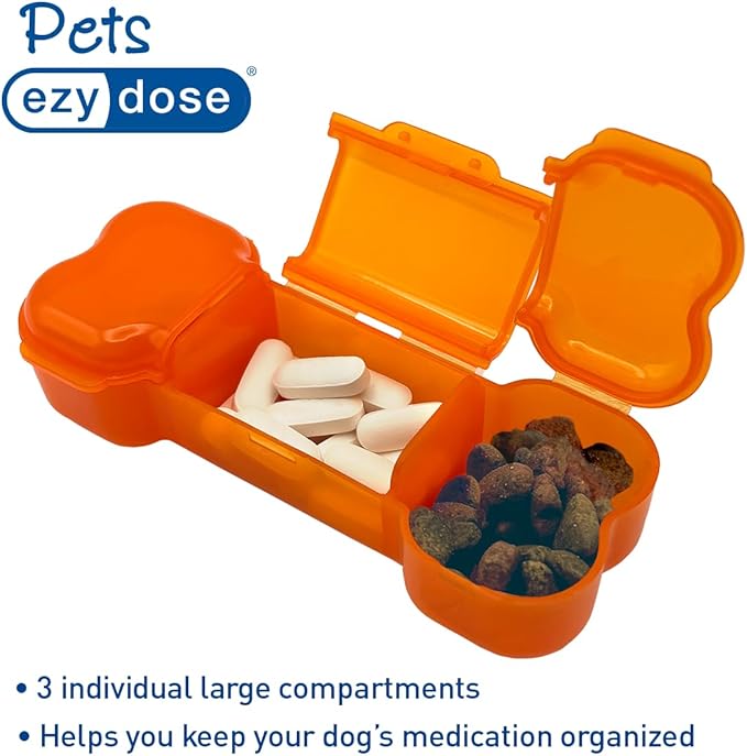 EZY DOSE Dog Bone Pill Case, Medicine Planner, Vitamin Organizer Box, Weekly Dispenser for Daily Doses, 3 Individually Large Compartments, Convenient and Easy to Use, Pet Friendly, Orange, BPA Free
