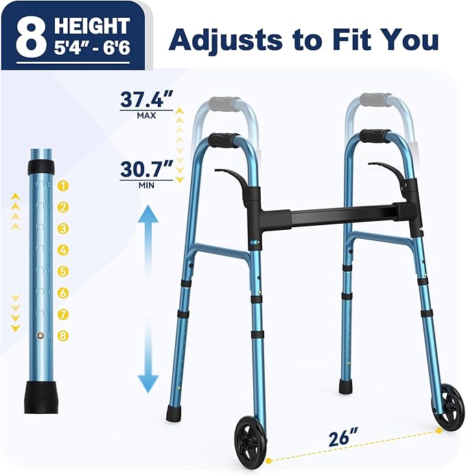 Walkers for Seniors, Folding Walker with Wheels and 2 Skis, Lightweight Rolling Walker Supports Up to 350 Pounds, Adjustable Height, Adult Compact Standard Walkers with Aluminum Frame, Blue
