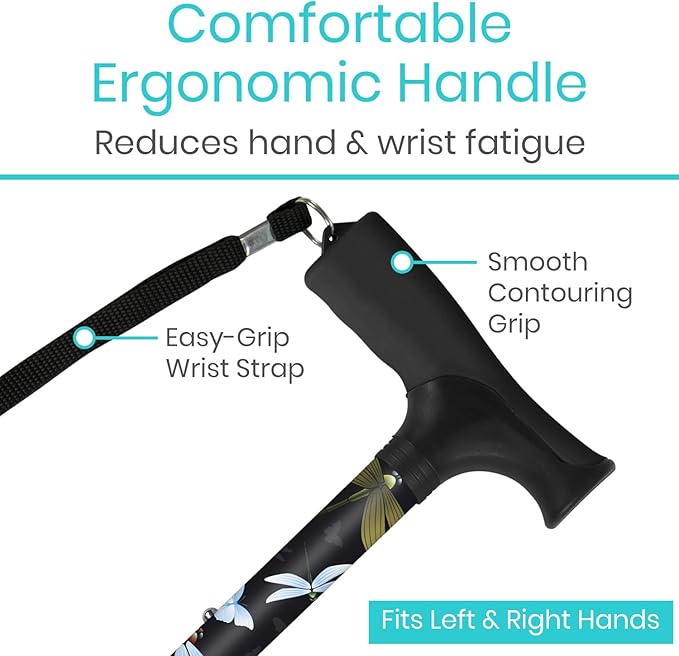 Vive Folding Cane - Foldable Walking for Men, Women Fold-up, Collapsible, Lightweight, Adjustable, Portable Hand Stick Balancing Mobility Aid Sleek, Comfortable (Black Butterfly)