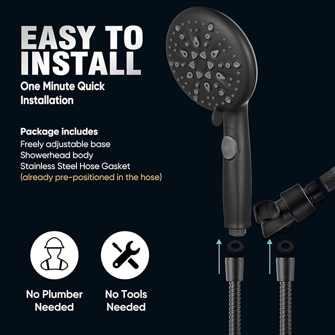 Cobbe 9-Function Shower Head with Built-in Power Spray, 1.8 GPM Water Saving ON/OFF Toggle Switch, High Pressure Handheld Showerhead with 1-Click Pause Button, Brass Bracket & 6ft Hose, Black