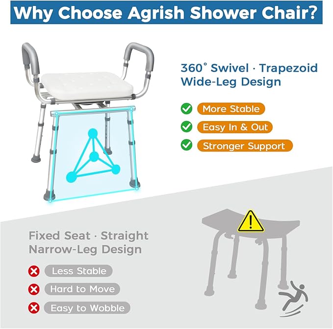 Swivel Shower Chair with Arms, Heavy Duty Shower Seat for Inside Shower Stall & Bathtub, Height Adjustable Safety Bath Seat for Elderly, Handicap, Disabled & Adults