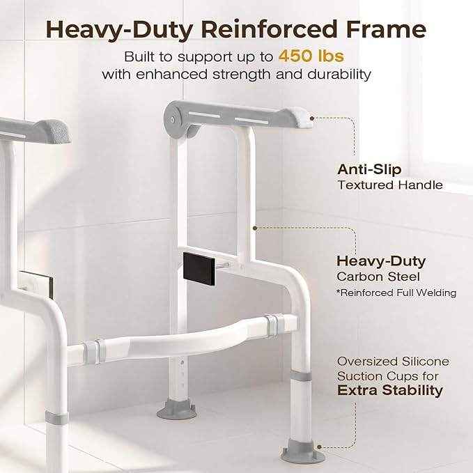 Toilet Safety Rails for Elderly & Disabled with Glow-in-the-Dark Handles, 450 lbs Heavy-Duty Frame, Flip-Up Arms, Dual Lock (Suction & Clamp), Adjustable No-Wobble Support, Grey