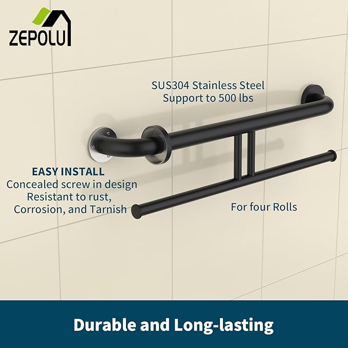 24 inch Black Grab Bar w/Double Roll Toilet Paper Holder, Zepolu 2-in-1 Safety Assist Bar Balanced Support Handle, Stainless Steel Wall Mounted Bathroom Toilet Grab Bar for Senior Elderly Handicap
