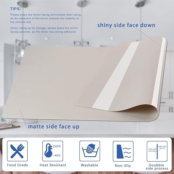 Food-Grade Silicone mat，2MM Extra Thick Silicone Mats for Kitchen Counter, 25.6" x17.7" Non-Slip Waterproof Large Countertop Protector Mat, Heat Resistant Mat, Silicone Placemat (White Gray)