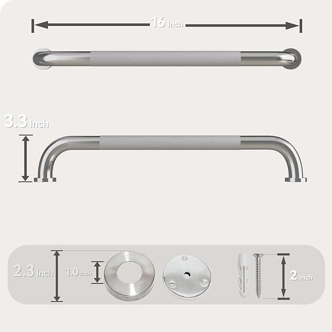 16 Inch Shower Grab Bar, Bathroom Grab Bar Handle with Anti-Slip Knurled Grip, Stainless Steel Bath Balance Bar, 1.0" Diameter Bath Safety Bar Support for Seniors Elderly Pregnant, Brushed Nickel