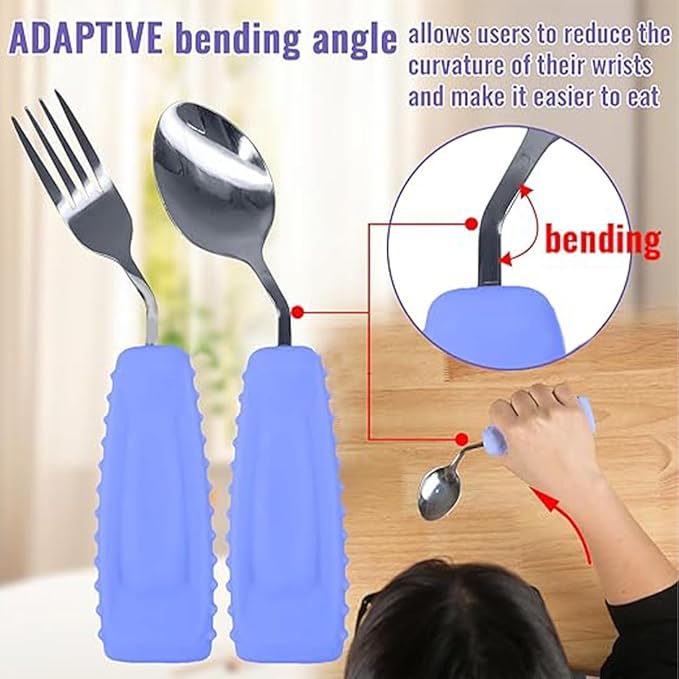 Adaptive Utensils,Weighted Angled Silverware,Parkinsons Aids,Angled Silverware Spoon and Fork Set for Elderly, Arthritis, Dementia, Disable, Handicapped Hands (Right Hand,Pack of 2,Purple)