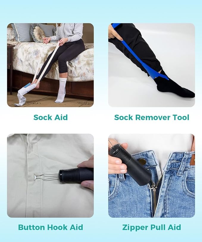 Sock Aids for Putting On Socks with Shoe Horn and Button Hook, Easy On Off Helper for Seniors and Disabled, No Bending Required (Basic)