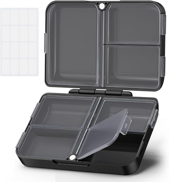 AUVON Daily Pill Organizer Fit with Your Purse or Pocket, Compact Pill Case Travel Essentials with Magnetic Folding Closure & Long-Lasting Hinges, Pill Box for Fish Oils, Supplement, Vitamins (Black)