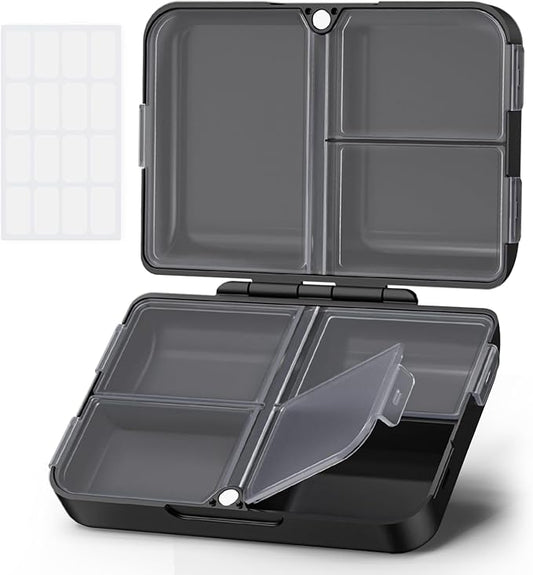 AUVON Daily Pill Organizer Fit with Your Purse or Pocket, Compact Pill Case Travel Essentials with Magnetic Folding Closure & Long-Lasting Hinges, Pill Box for Fish Oils, Supplement, Vitamins (Black)