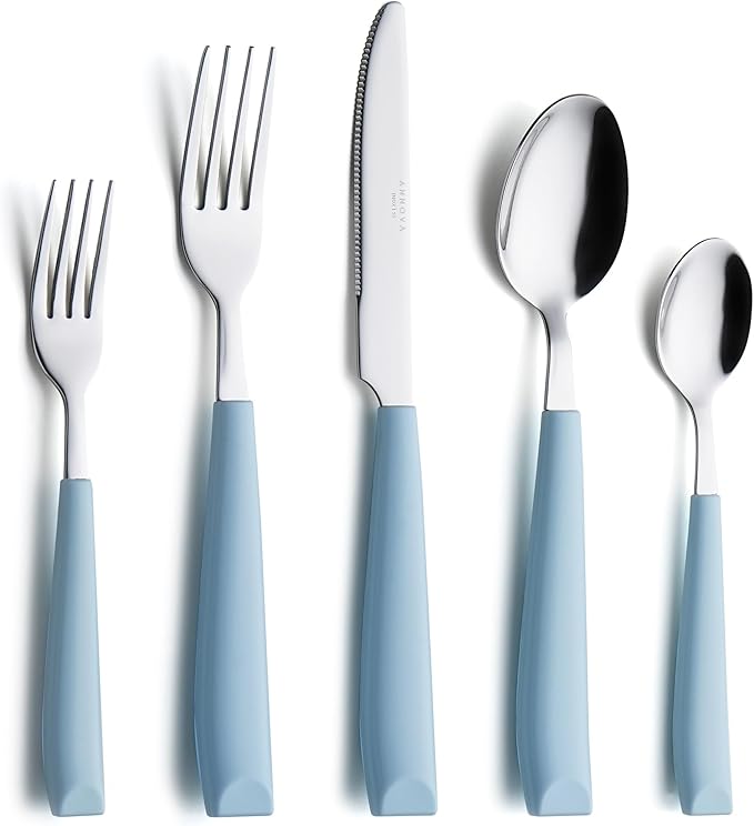 ANNOVA Silverware Set Stainless Steel Colorful Handle Tableware Kitchen Flatware Set Utensils, Includes Dinner Knives, Forks, Spoons, Salad Forks & Dessert Spoons (Light Blue, 20 Pieces)