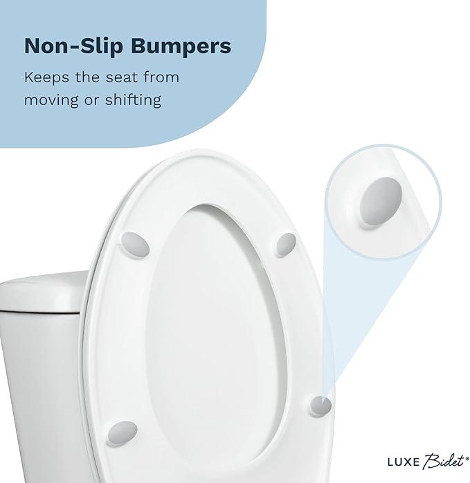 LUXE TS1008E Elongated Comfort Fit Toilet Seat with Slow Close, Quick Release Hinges, and Non-Slip Bumpers (White)