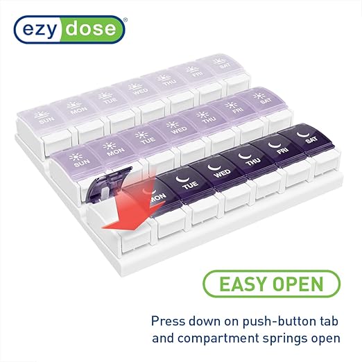 EZY DOSE Weekly (7-Day) Pill Case, Daily Medicine Planner, Vitamin Organizer Container, Large Push Button Compartments, Easy to Use, 3 Times a Day, Spring Open Design, Grayscale Lids, BPA Free