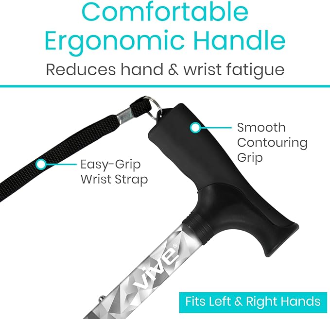 Vive Folding Cane - Foldable Walking Cane for Men, Women - Fold-up, Collapsible, Lightweight, Adjustable, Portable Hand Walking Stick - Balancing Mobility Aid - Sleek, Comfortable T Handles
