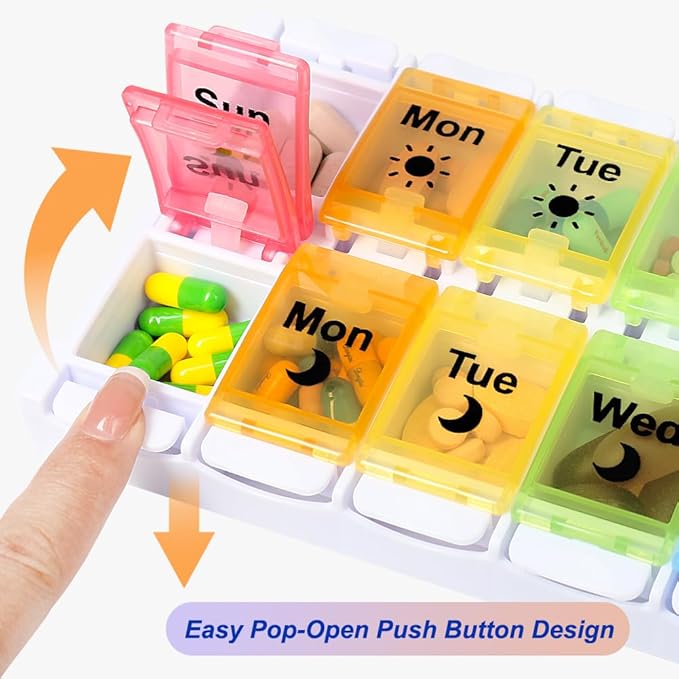 HRX Package Medicine Pill Boxes 7 Day AM/PM, Easy Fill & Open Medication Organizer Vitamin Reminder Holder Day and Night