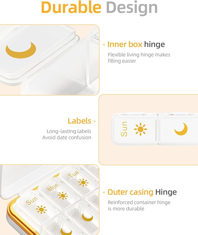 AM PM Pill Organizer 2 Times A Day, 7 Day Pill Box Weekly Pill Organizer Travel with Separate Container, Portable Daily Medicine Planner Dispenser Case for Vitamin, Fish Oils, Supplements（Beige）