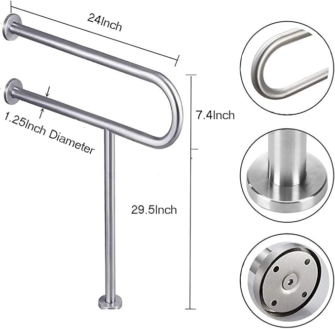 LacatohuuToilet Grab Bar with Leg 23.6inch,Anti-Slip Handicap Grab Bars Safety Rails,Stainless Steel Bathroom Support Rail for Seniors,Elderly,Pregnant,Disabled,Shower Grab Bars Supports 350lbs Load