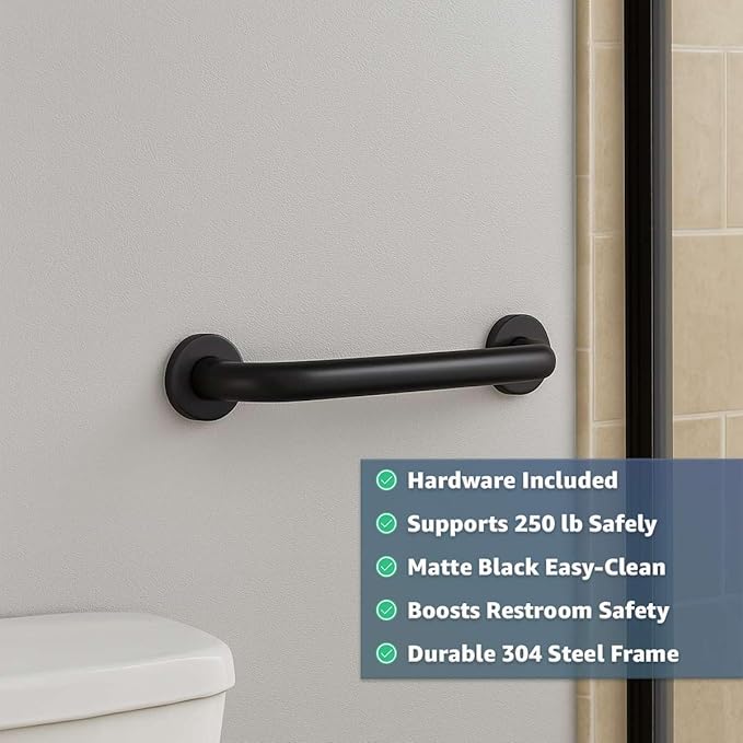 12" Matte Black Restroom Grab Bar - Stainless Steel Bathroom Safety Rail for Shower, Toilet, or Wall Mount - Durable 250 lb. Support Bar for Elderly - Commercial or Home Use