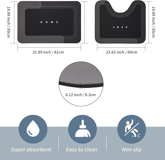 Housego 2PCS Absorbent Bath Mat Magic Rug Sets, Quick Drying Bath Mat Non-Slip Floor Rug Rubber Backed for Bathroom Kitchen Shower Sink, Water Absorbent (19.7''x23.6''+19.7''x31.9'', Black)