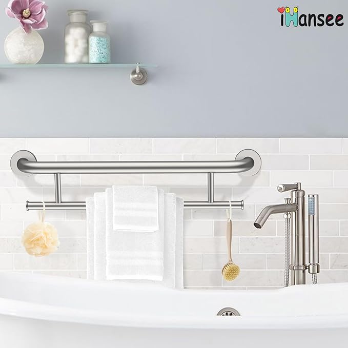 Brushed Nickel Grab Bar 24 Inch w/Towel Holder, iHansee Stainless Steel Towel Rack Shower Support Balanced Support Handle, Wall Mount Safety Handrail Grab Rail for Elderly Senior Handicap Disabled