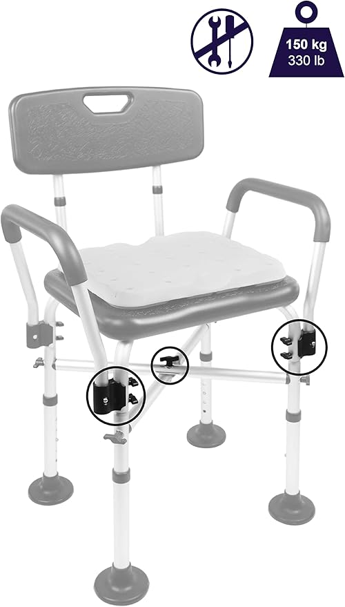 KMINA Shower Chair for Inside Shower with Arms and Back, Heavy Duty with Double Reinforced Crossbar, Includes Foam Cushion, Easy Assembly, Made in Europe