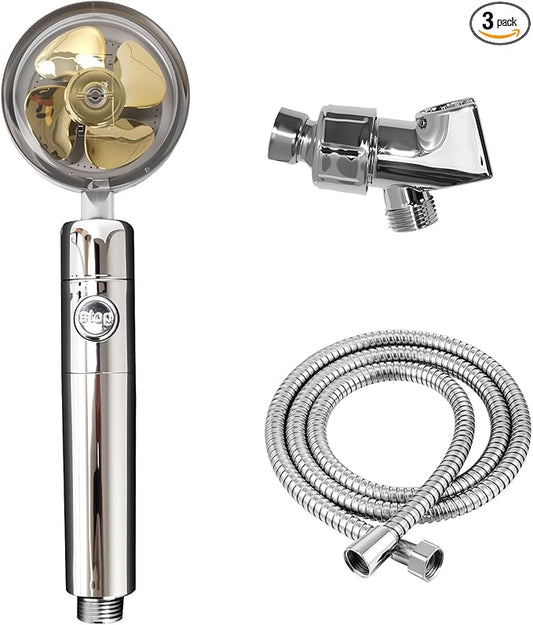 Handheld Shower Head with High Pressure Filter, ON/OFF Switch, Stainless Steel Hose, Filter Cotton, Bracket for Bathroom and Hotel (Golden)