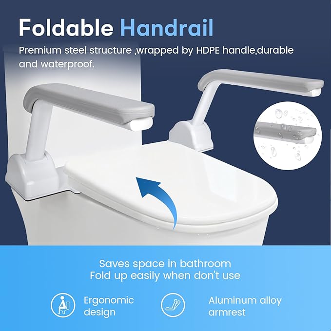 Toilet Safety Rail, Heavy Duty Foldable Toilet Handrail, Aluminum Alloy Support Up to 480LBS Perfect for Elderly Senior Handicap Pregnant